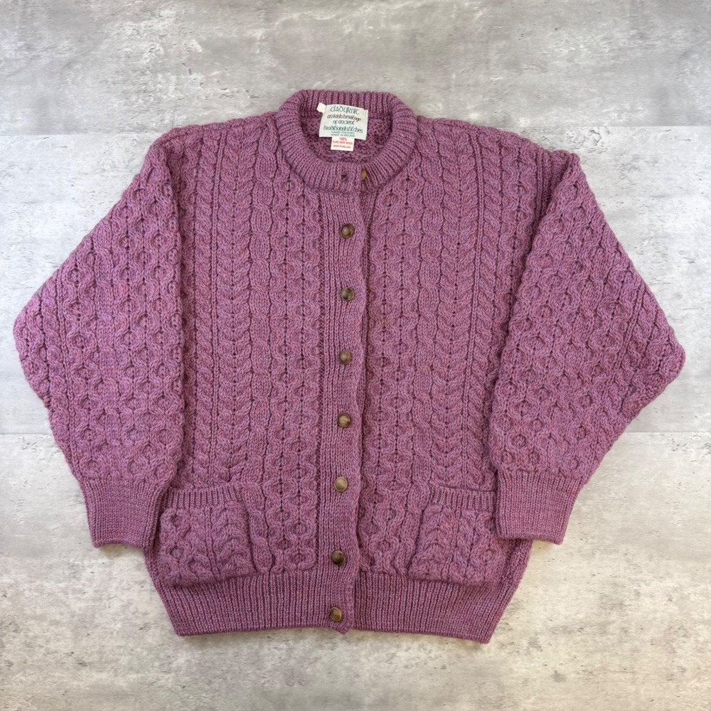 Cladyknit Irish Wool Fisherman Cardigan Sweater Purple Cable Knit Hand Finished
